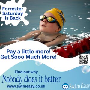 Child wearing yellow SwimEasy cap enjoying swimming lessons at Forrester High School