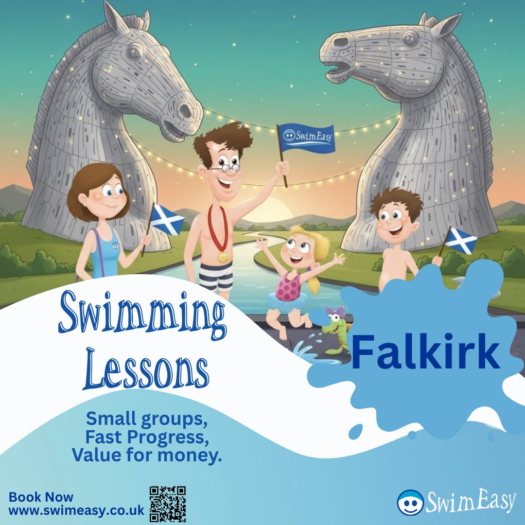 SwimEasy advertisement for Saturday swimming lessons in Falkirk featuring the Kelpies statues