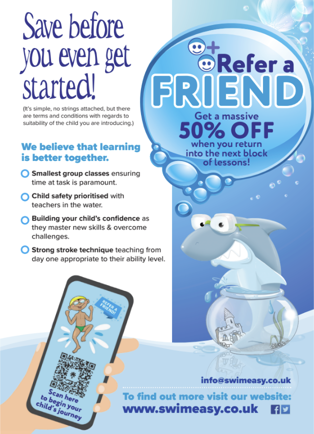 SwimEasy Glasgow Refer-a-Friend promotional graphic featuring the SwimEasy shark character over a Glasgow city skyline, offering 50% off swimming lessons at Holyrood and Hillpark Secondary Schools until April 2026