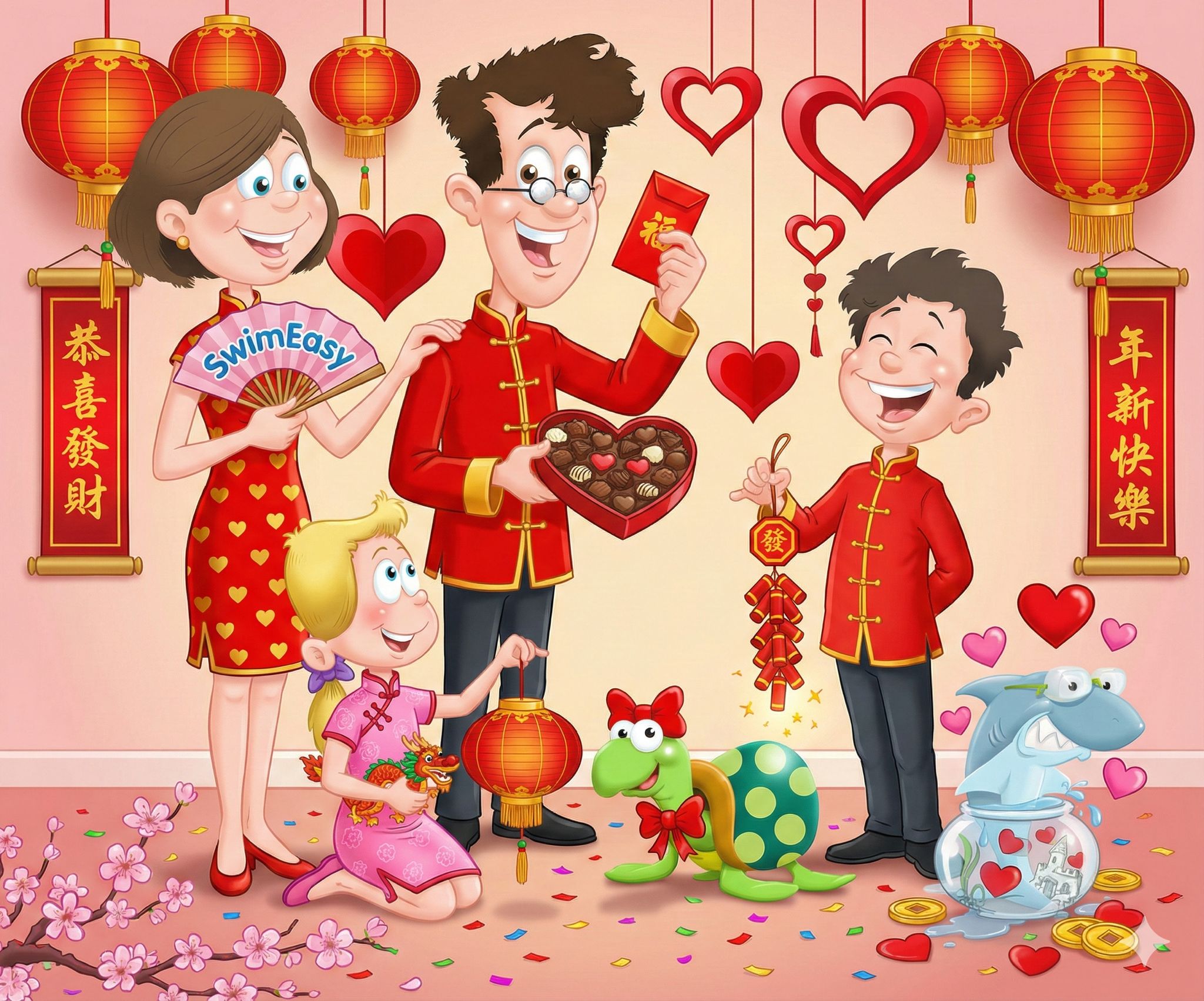 Family celebrating Lunar New Year and Valentine's Day, promoting SwimEasy swimming lessons for kids at Braidburn, Craigroyston, and Forrester pools in Edinburgh.