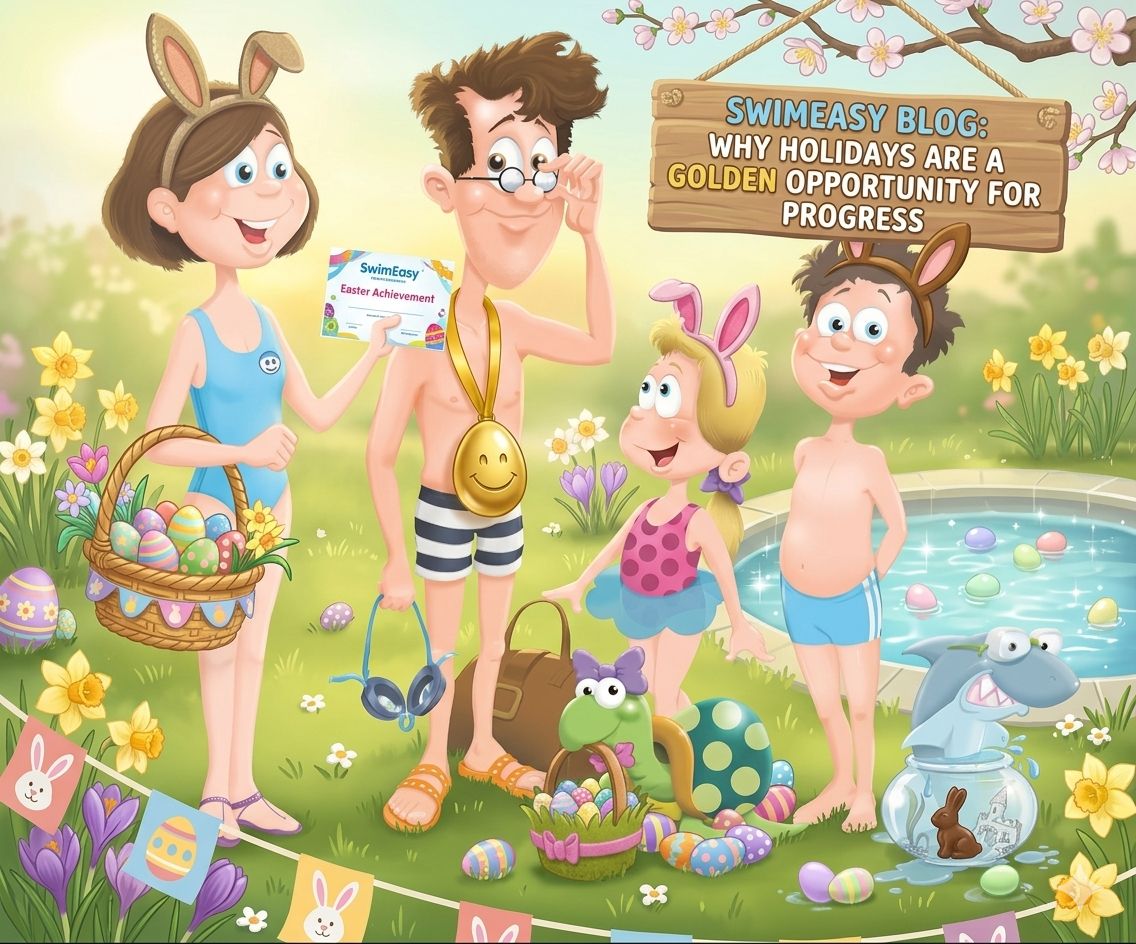 Cartoon family celebrating Easter swimming progress with SwimEasy, featuring a child holding an Easter Achievement certificate next to a pool with Easter eggs