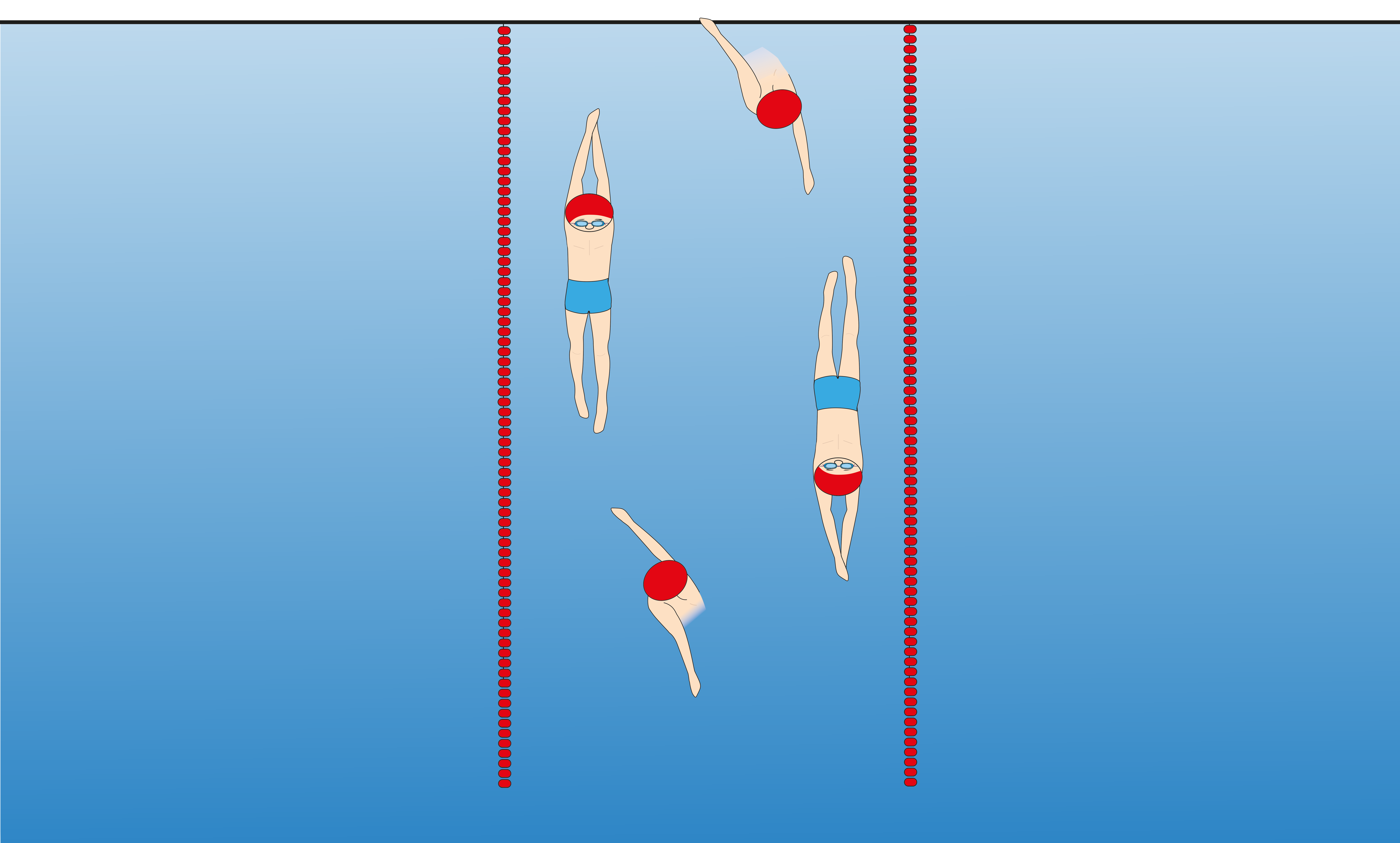 Children in red swim caps participating in supporting mixed-ability swim classes at SwimEasy, showing various stages of the streamline and rotation process