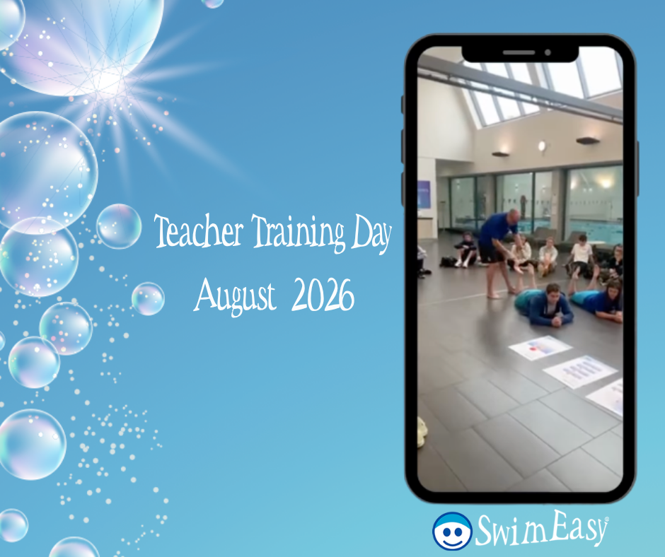 Graphic promoting SwimEasy Teacher Training Day in August 2026. On a bright blue background with water bubbles, a smartphone frame displays an instructor demonstrating poolside swim training techniques to coaches at an indoor pool facility