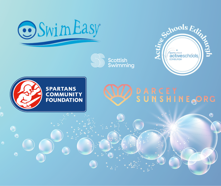 SwimEasy partnership logos featuring Active Schools Edinburgh, Scottish Swimming, Spartans Community Foundation, and Darcey Sunshine Foundation for ASN swimming lessons
