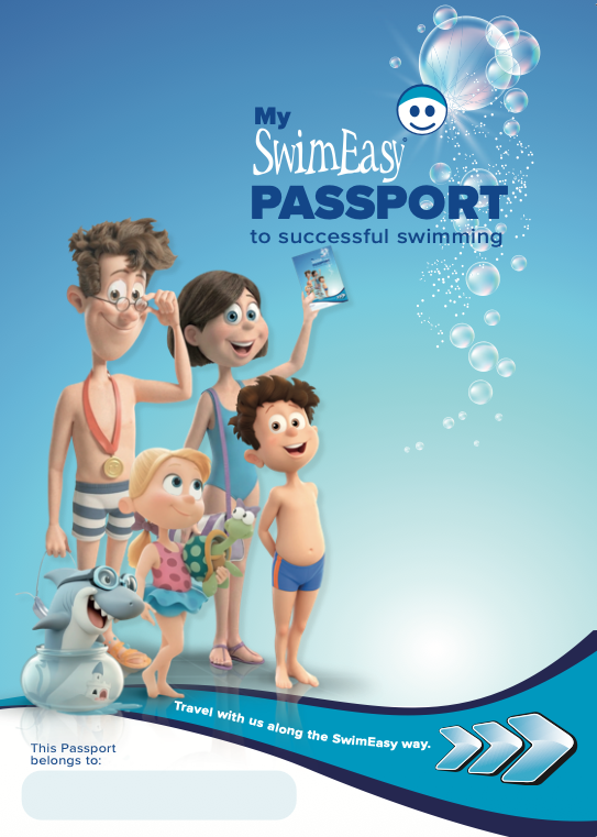 SwimEasy Passport to Successful Swimming cover featuring animated characters and Snapper the Shark.