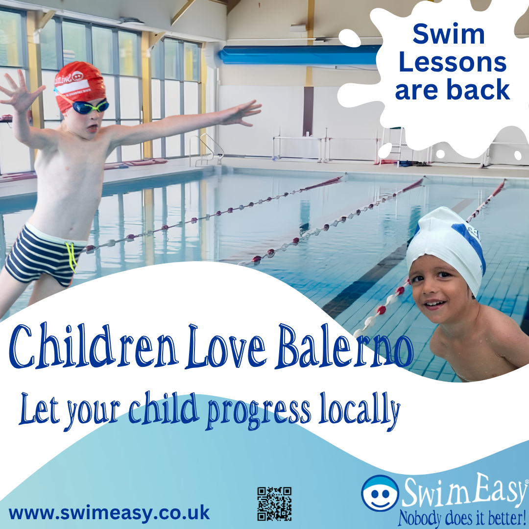 Promotional graphic for SwimEasy announcing the return of swimming lessons at Balerno. Shows a boy diving into a pool and a younger boy smiling in the water wearing a SwimEasy cap. Text reads "Swim Lessons are back", "Children Love Balerno", and "Let your child progress locally.