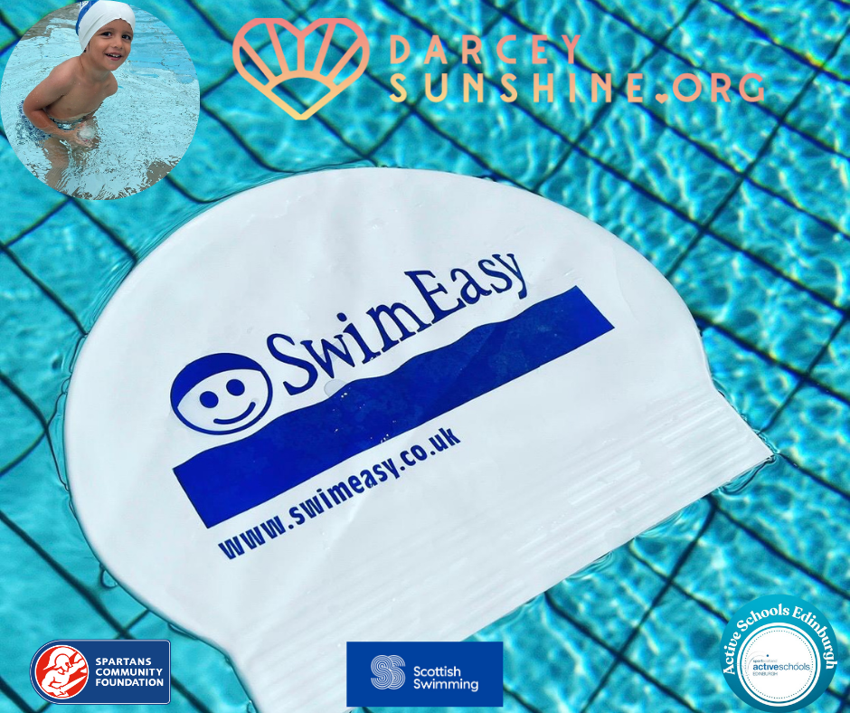 SwimEasy swim cap by the pool alongside the Darcey Sunshine Foundation logo for community and ASN swimming lessons