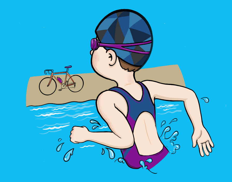 Child swimmer developing water confidence and stroke technique while transitioning from water to bike in a junior triathlon
