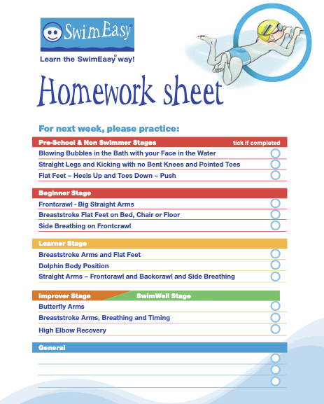 Alt Text SwimEasy swimming lessons homework sheet showing progressive dry-land and bath-time exercises for children