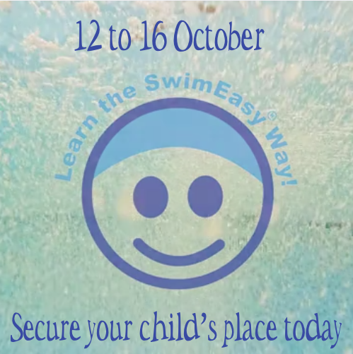 Alt Text SwimEasy logo over clear pool water promoting October holiday swimming courses running 12 to 16 October